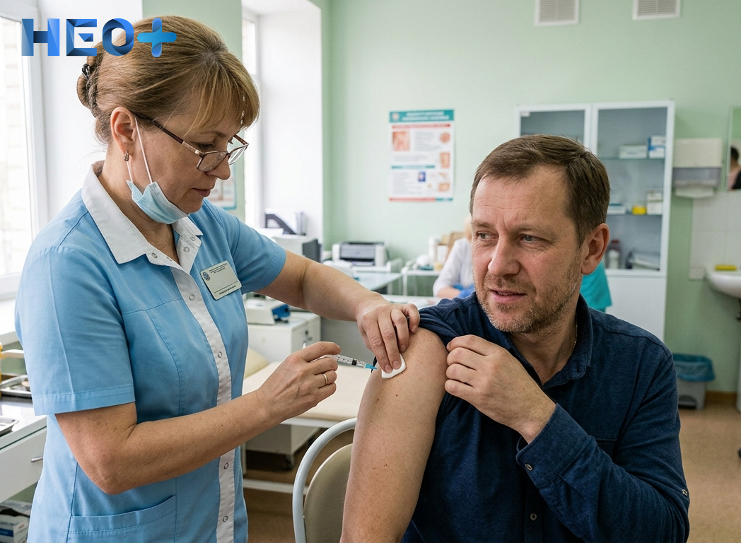 Врач ставит укол в плечо пациенту